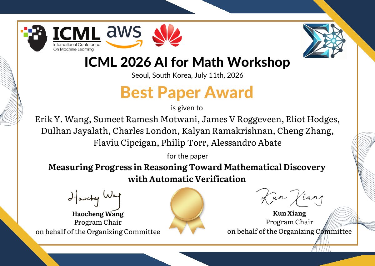 Best Paper Award certificate for Measuring Progress in Reasoning Toward Mathematical Discovery with Automatic Verification