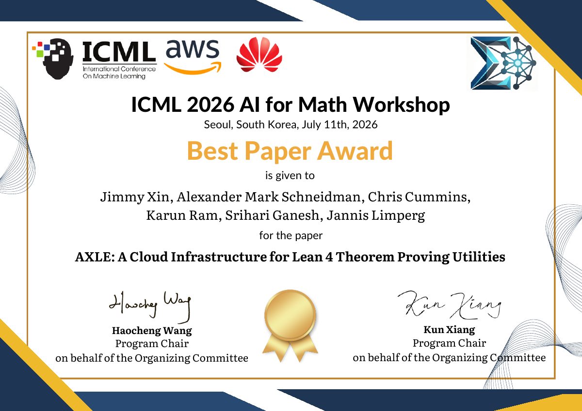 Best Paper Award certificate for AXLE: A Cloud Infrastructure for Lean 4 Theorem Proving Utilities