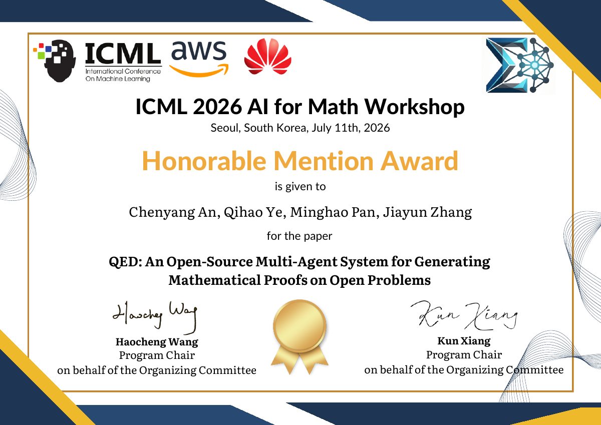 Honorable Mention certificate for QED: An Open-Source Multi-Agent System for Generating Mathematical Proofs on Open Problems