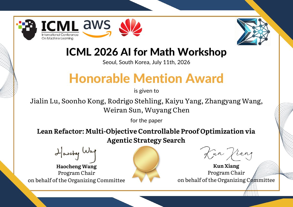 Honorable Mention certificate for Lean Refactor: Multi-Objective Controllable Proof Optimization via Agentic Strategy Search