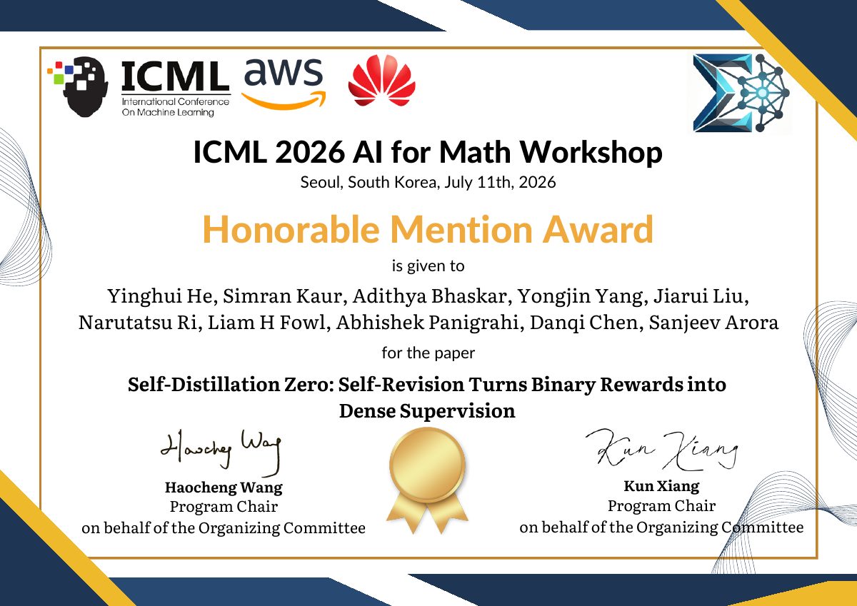 Honorable Mention certificate for Self-Distillation Zero: Self-Revision Turns Binary Rewards into Dense Supervision