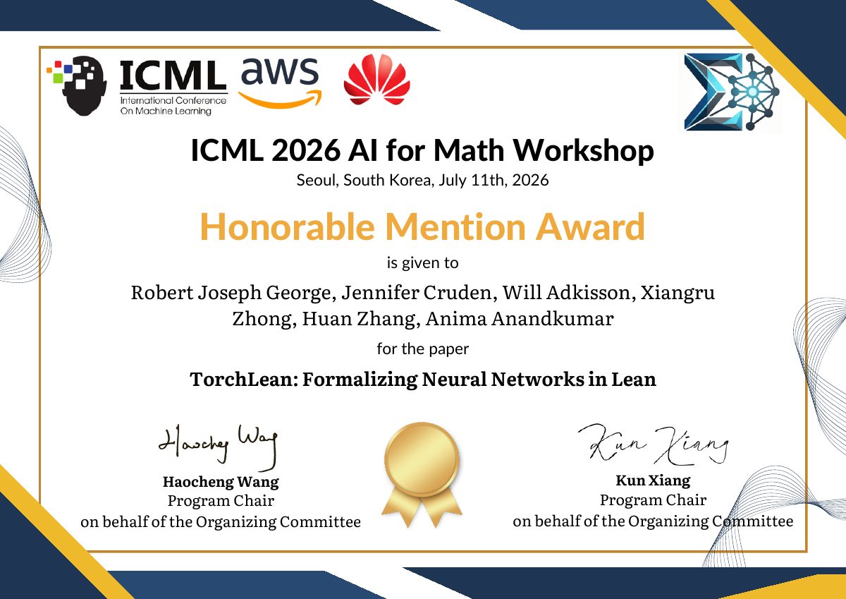 Honorable Mention certificate for TorchLean: Formalizing Neural Networks in Lean