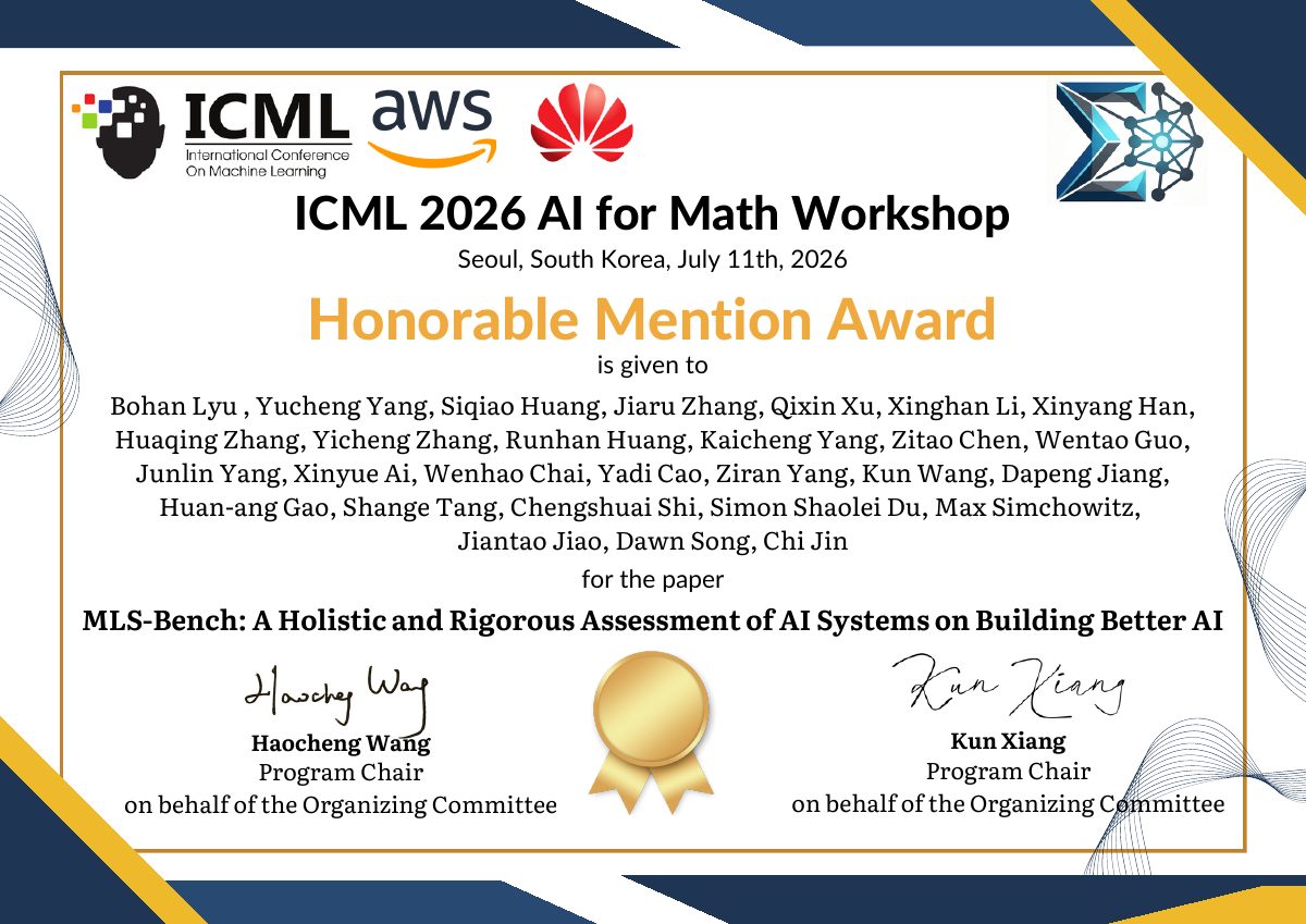 Honorable Mention certificate for MLS-Bench: A Holistic and Rigorous Assessment of AI Systems on Building Better AI