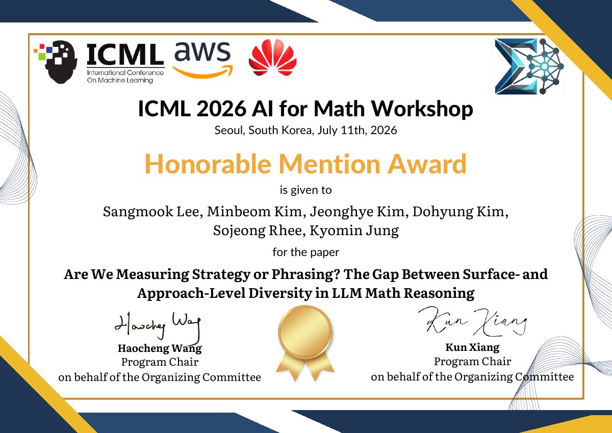 Honorable Mention certificate for Are We Measuring Strategy or Phrasing? The Gap Between Surface- and Approach-Level Diversity in LLM Math Reasoning